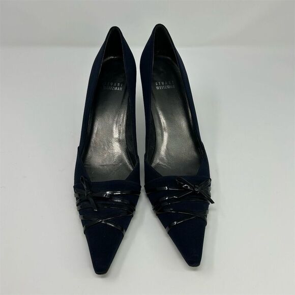 Stuart Weitzman Women's Navy Blue Pointed Toe Bow Swirled Heels Size 10.5 Narrow - Picture 4 of 14